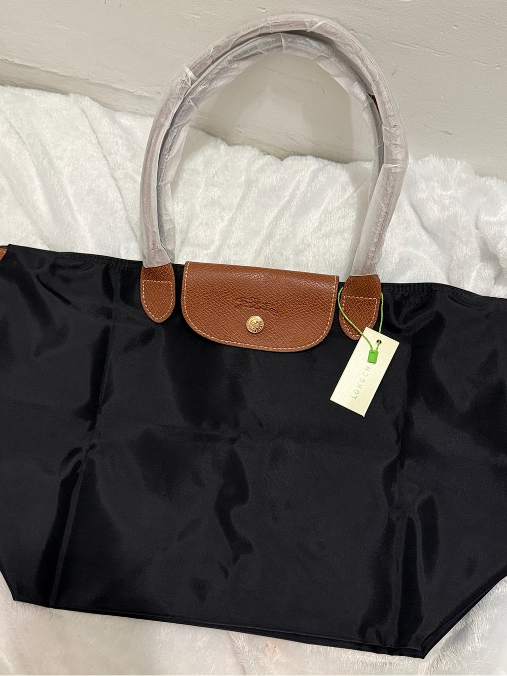 Longchamp Black Nylon Tote with Brown Leather Trim
